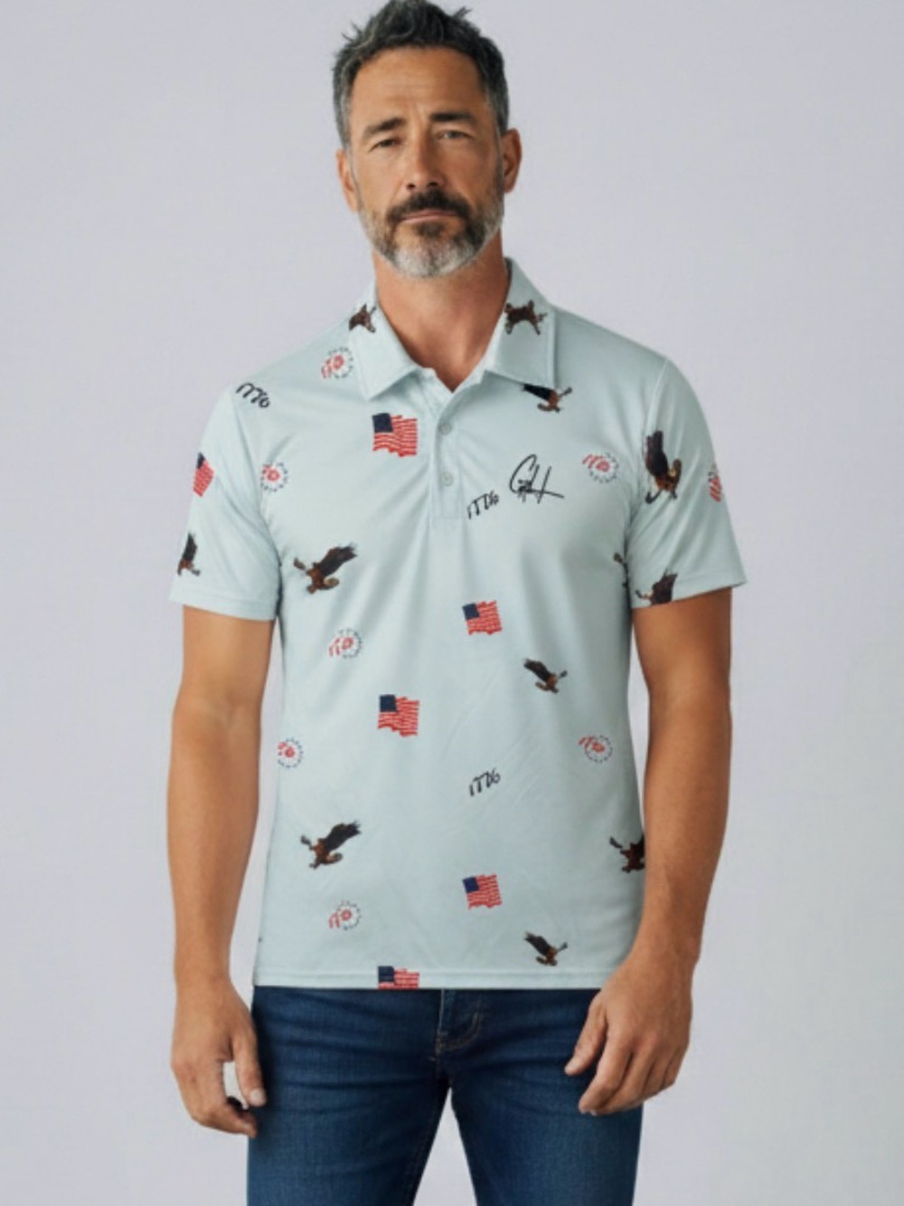 Gashouse Golf Polo Shirt Blue 1776 Eagle Flag Patriotic Stretch Size S